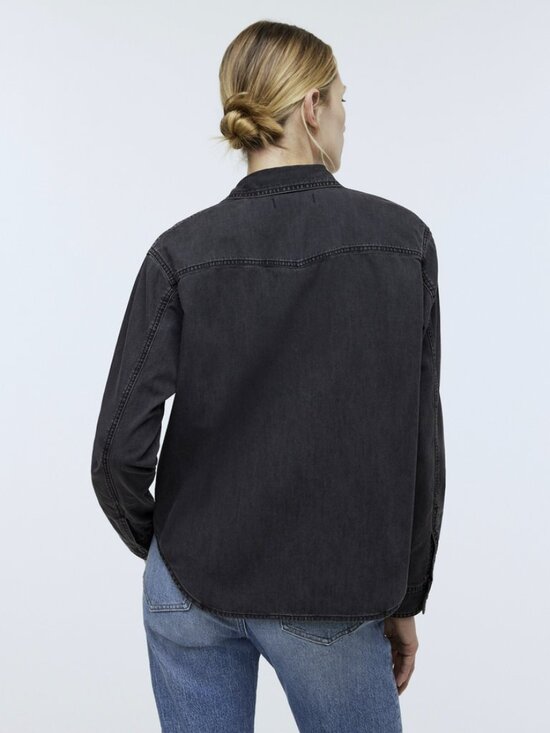 Medium Dark Gray Denim Shirt Button Up Cuff Collared Western Cowgirl Distressed - Picture 3 of 12